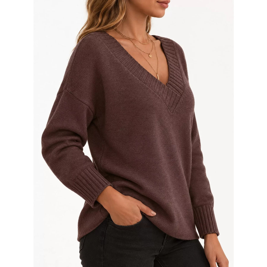 Full Size V-Neck Dropped Shoulder Sweater Plus Coffee / S Apparel and Accessories