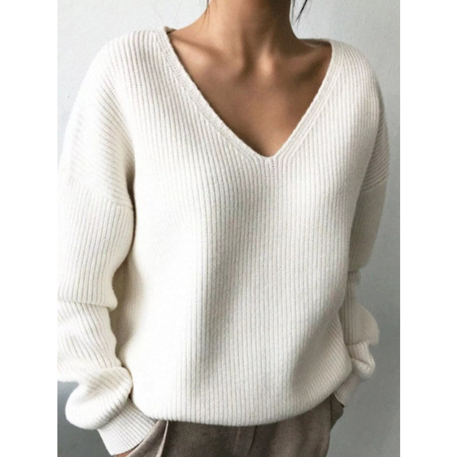 Full Size V-Neck Dropped Shoulder Sweater Plus Size Apparel and Accessories