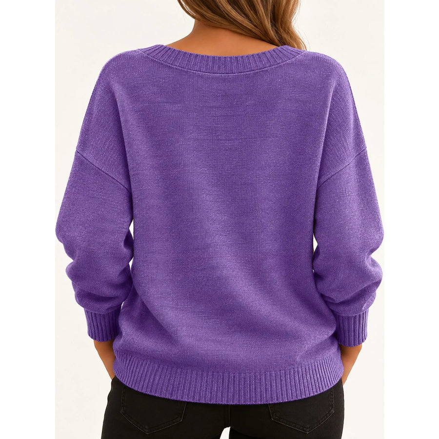 Full Size V-Neck Dropped Shoulder Sweater Plus Apparel and Accessories