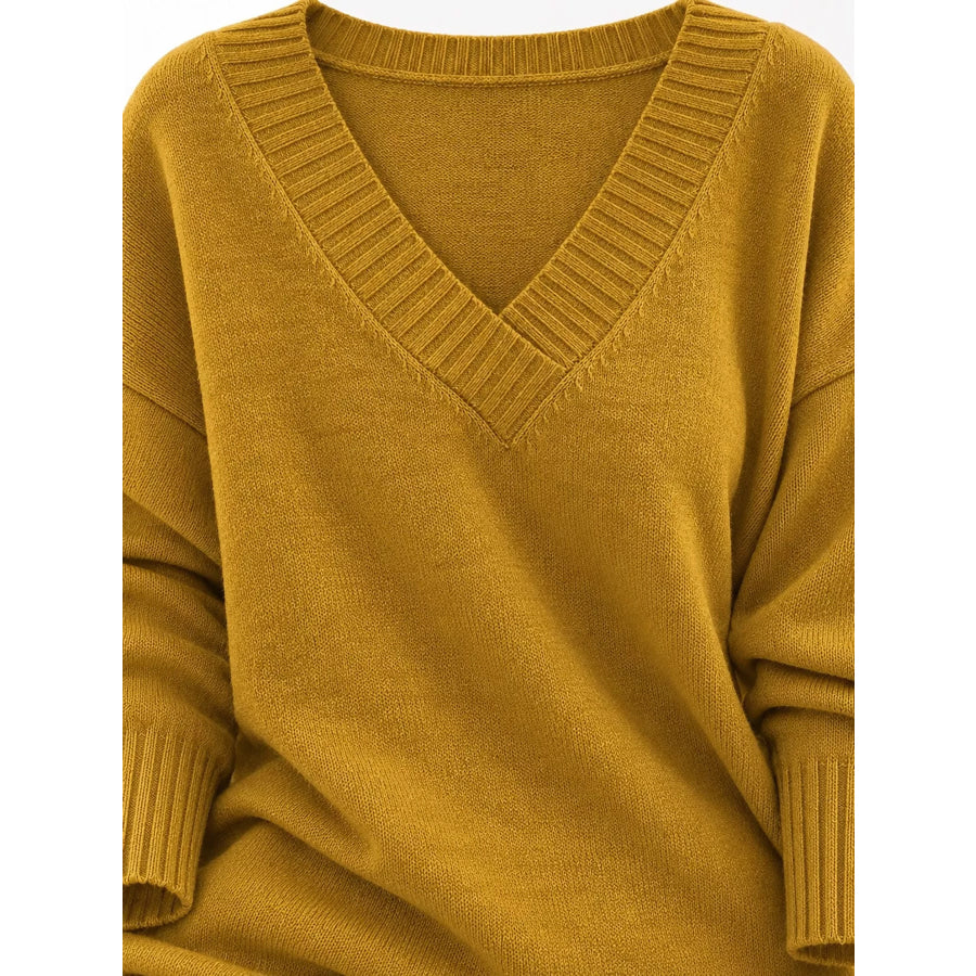 Full Size V-Neck Dropped Shoulder Sweater Plus Apparel and Accessories