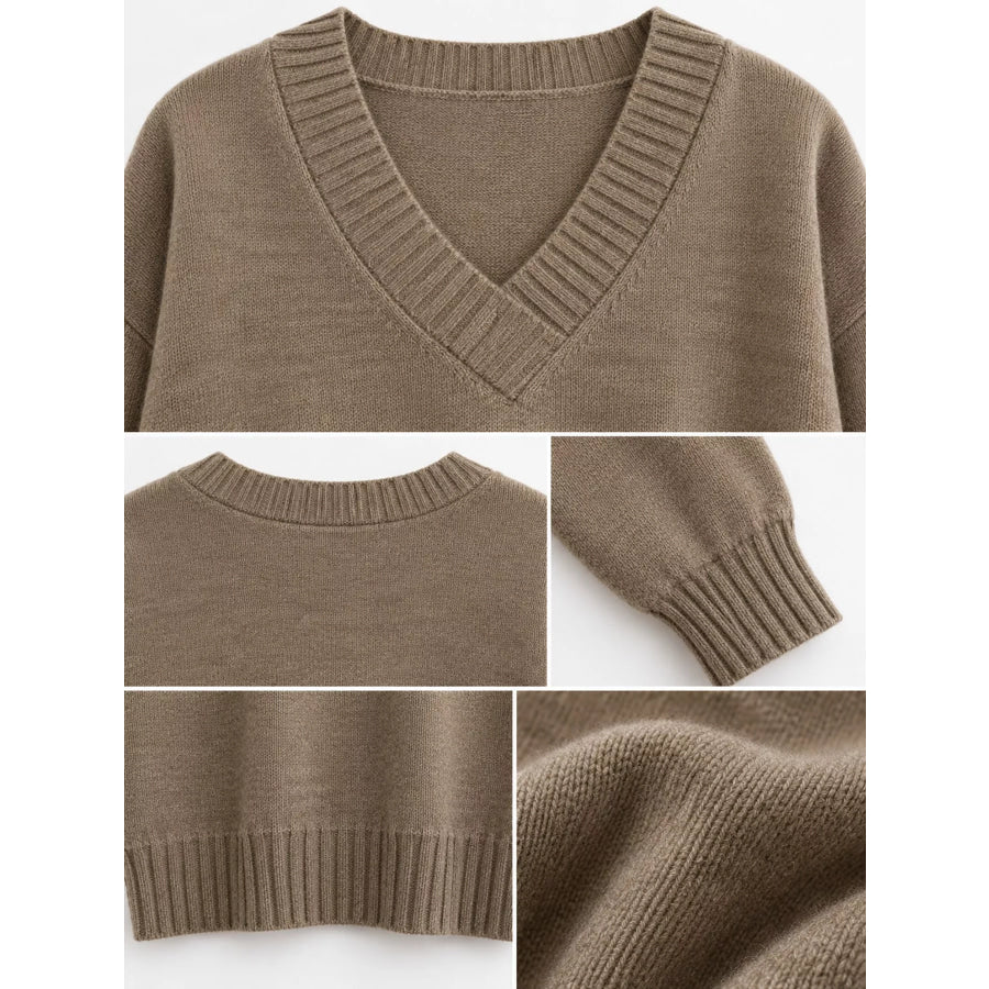 Full Size V-Neck Dropped Shoulder Sweater Plus Apparel and Accessories