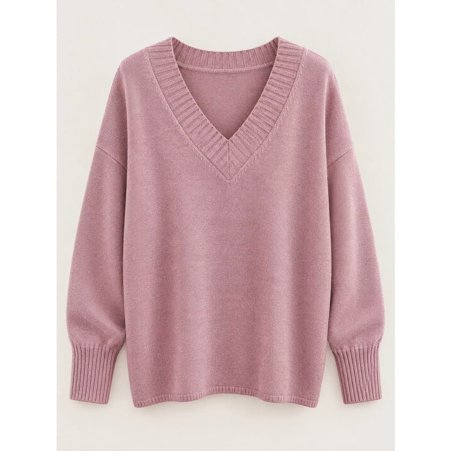 Full Size V-Neck Dropped Shoulder Sweater Plus Apparel and Accessories