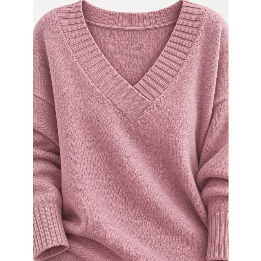 Full Size V-Neck Dropped Shoulder Sweater Plus Apparel and Accessories