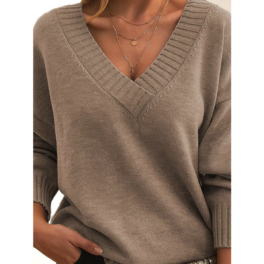 Full Size V-Neck Dropped Shoulder Sweater Plus Apparel and Accessories