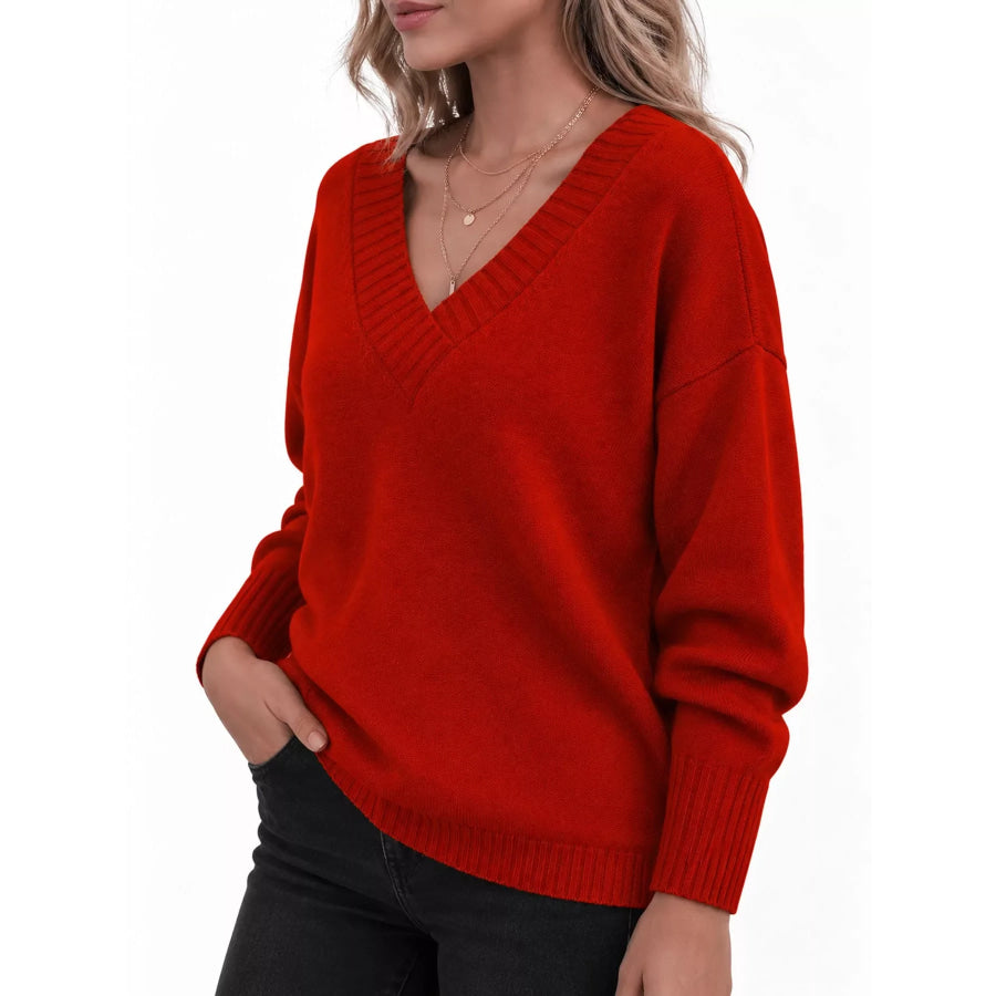 Full Size V-Neck Dropped Shoulder Sweater Plus Apparel and Accessories