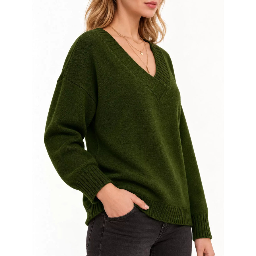 Full Size V-Neck Dropped Shoulder Sweater Plus Apparel and Accessories