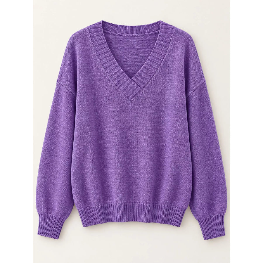 Full Size V-Neck Dropped Shoulder Sweater Plus Apparel and Accessories