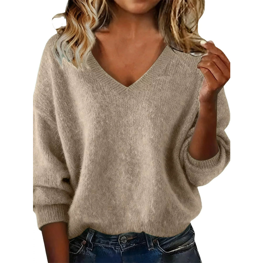 Full Size V-Neck Dropped Shoulder Sweater Plus Size Apricot / S Apparel and Accessories