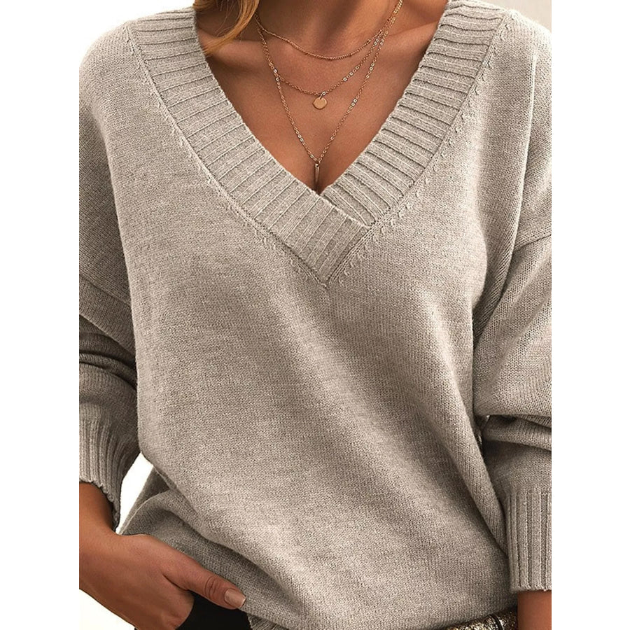 Full Size V-Neck Dropped Shoulder Sweater Plus Apricot / S Apparel and Accessories