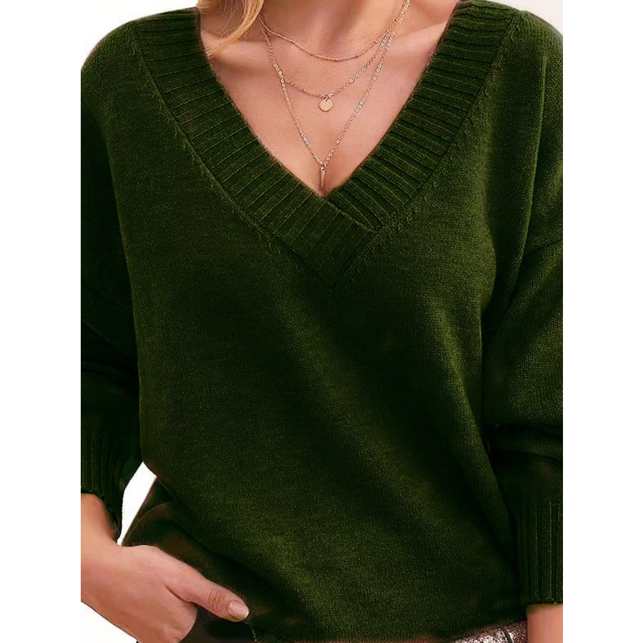Full Size V-Neck Dropped Shoulder Sweater Plus Army Green / XL Apparel and Accessories