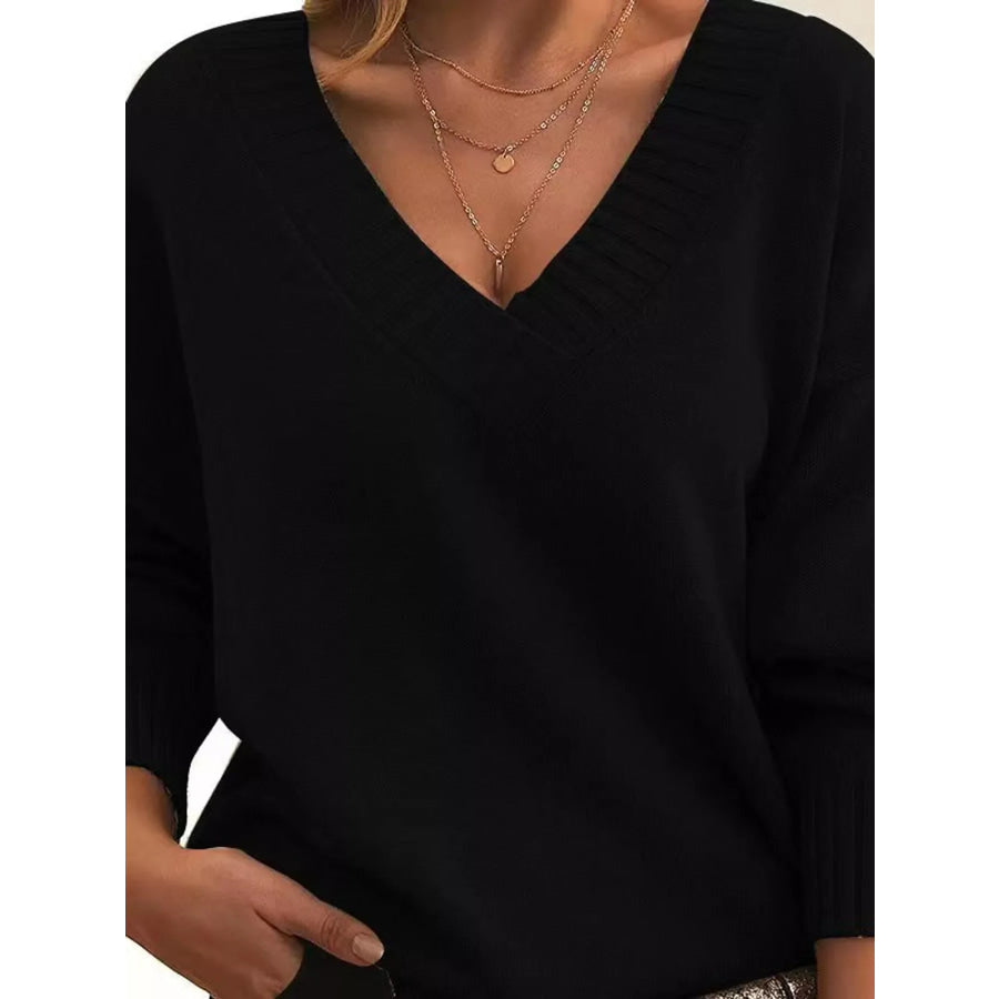 Full Size V-Neck Dropped Shoulder Sweater Plus Black / S Apparel and Accessories