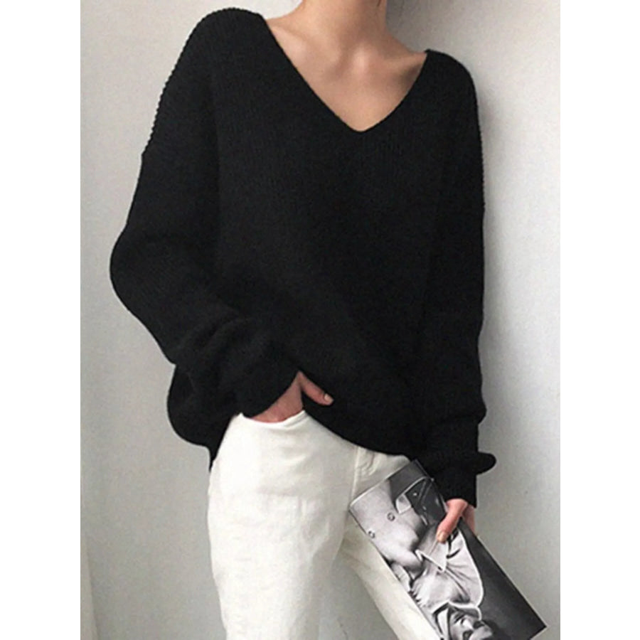 Full Size V-Neck Dropped Shoulder Sweater Plus Size Black / S Apparel and Accessories