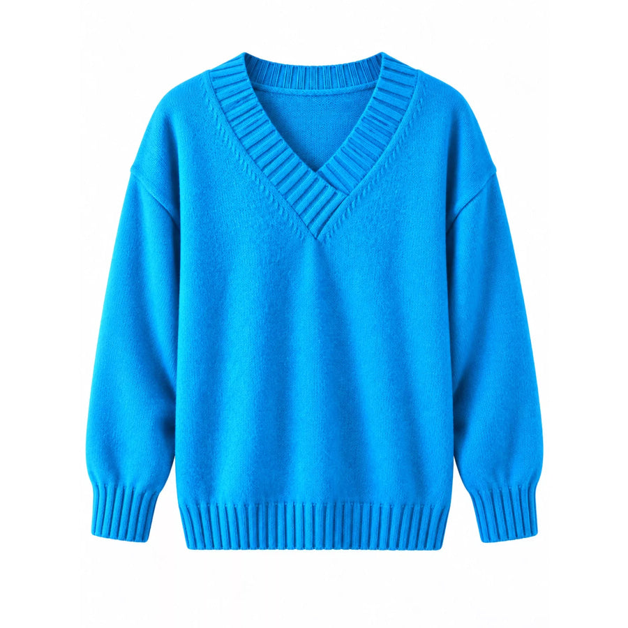 Full Size V-Neck Dropped Shoulder Sweater Plus Blue / S Apparel and Accessories