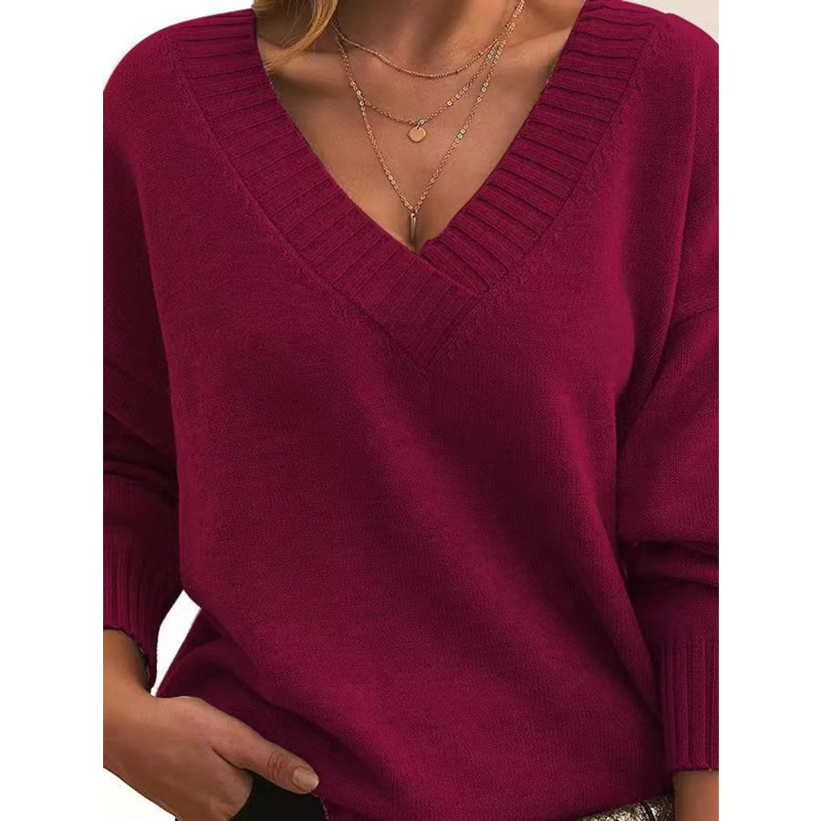 Full Size V-Neck Dropped Shoulder Sweater Plus Burgundy / S Apparel and Accessories