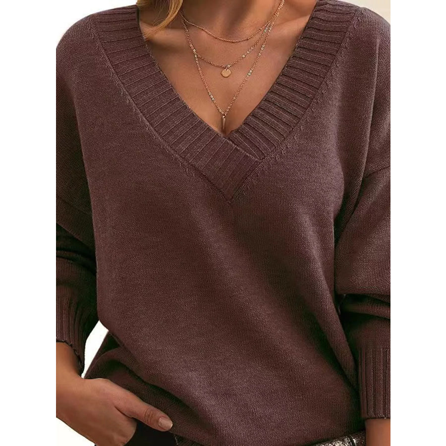 Full Size V-Neck Dropped Shoulder Sweater Plus Coffee / S Apparel and Accessories
