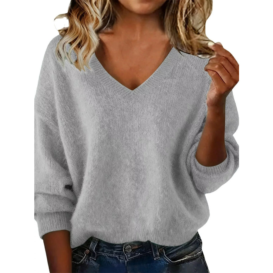 Full Size V-Neck Dropped Shoulder Sweater Plus Size Gray / S Apparel and Accessories