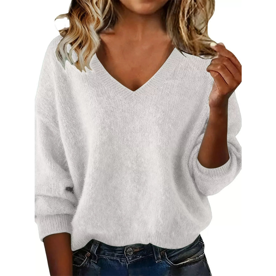 Full Size V-Neck Dropped Shoulder Sweater Plus Size Gray/white / S Apparel and Accessories
