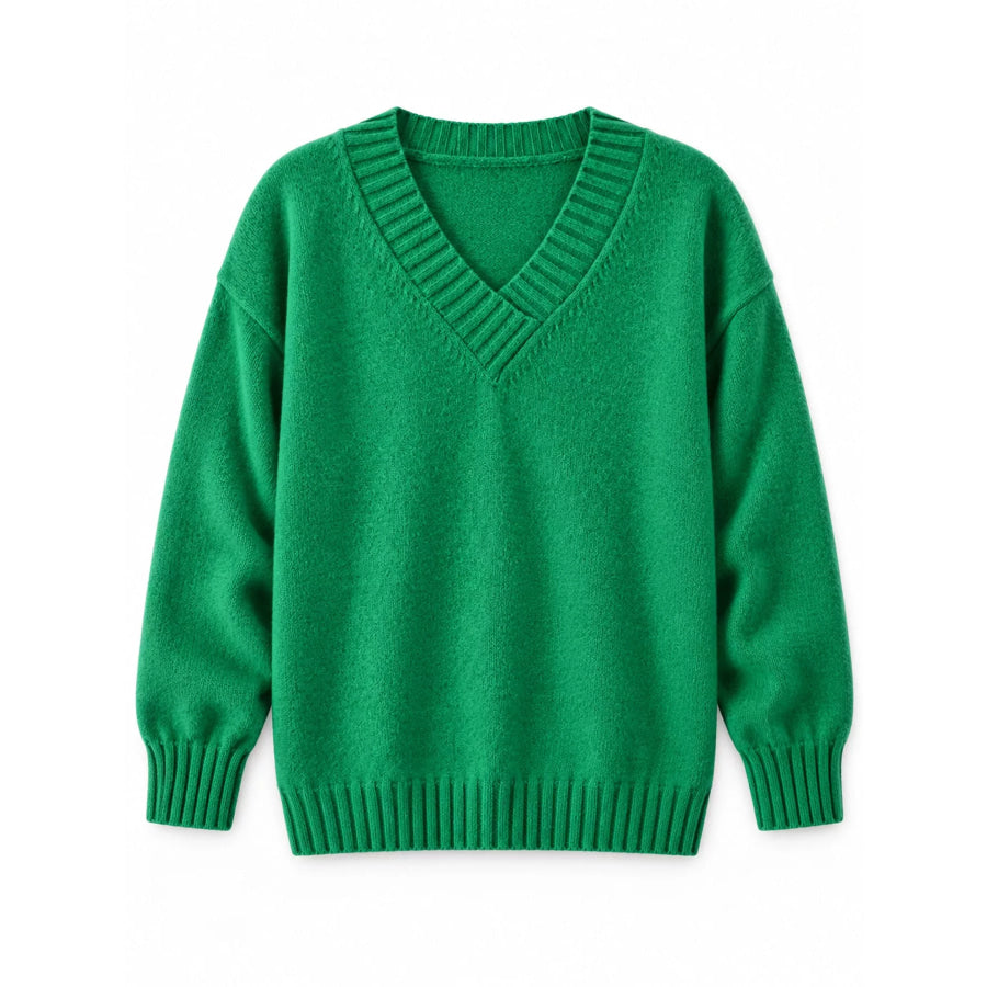 Full Size V-Neck Dropped Shoulder Sweater Plus Green / S Apparel and Accessories