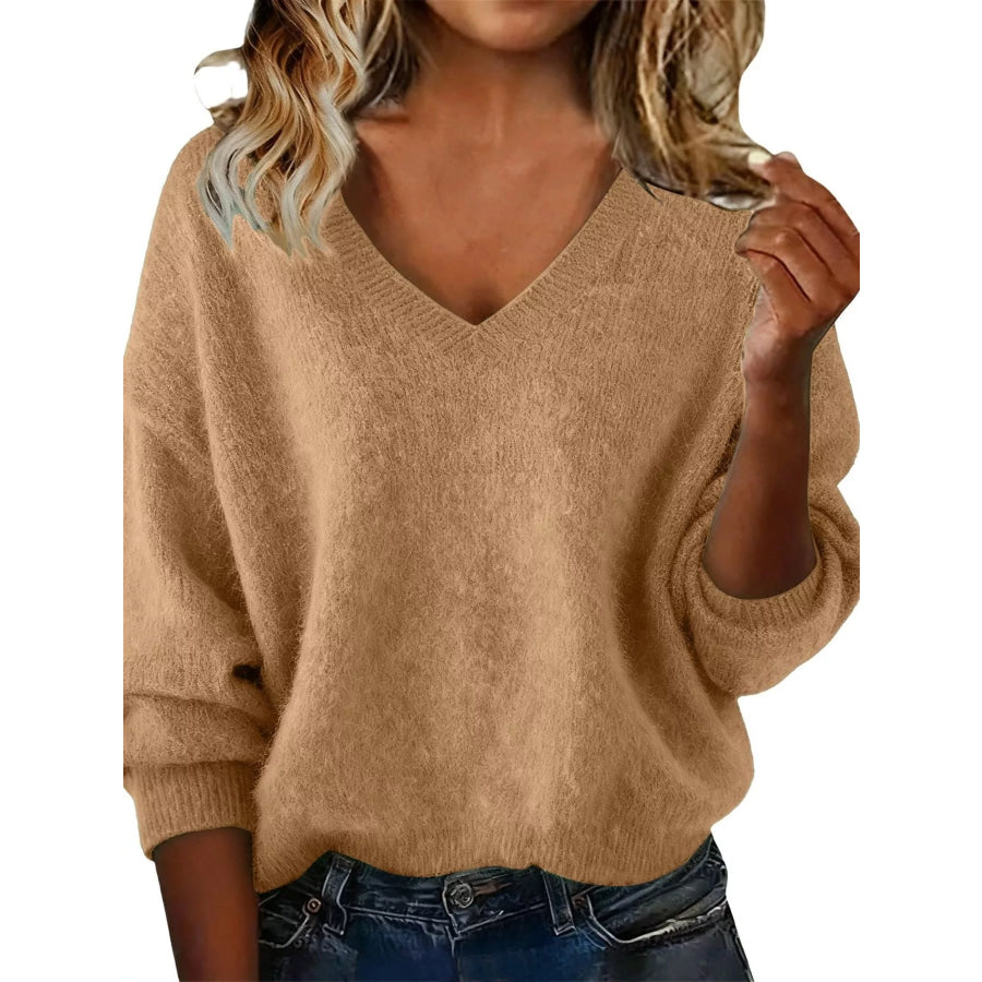 Full Size V-Neck Dropped Shoulder Sweater Plus Size Khaki / S Apparel and Accessories