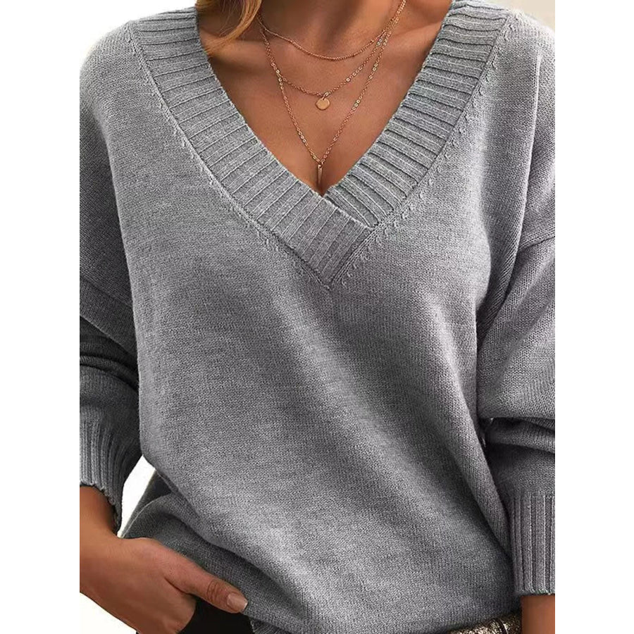 Full Size V-Neck Dropped Shoulder Sweater Plus Light Gray / M Apparel and Accessories