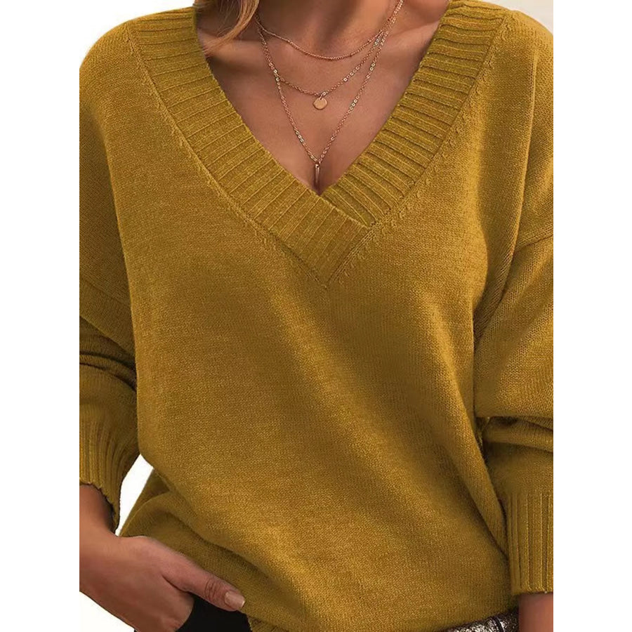 Full Size V-Neck Dropped Shoulder Sweater Plus Mustard Yellow / S Apparel and Accessories
