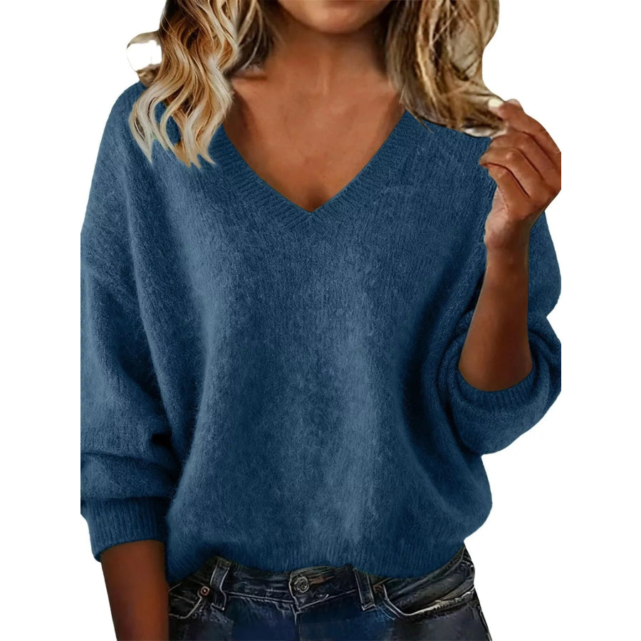 Full Size V-Neck Dropped Shoulder Sweater Plus Size Navy / S Apparel and Accessories