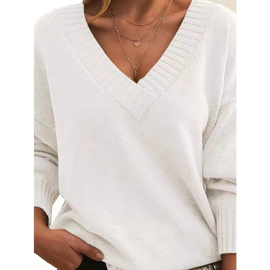 Full Size V-Neck Dropped Shoulder Sweater Plus Off White / S Apparel and Accessories