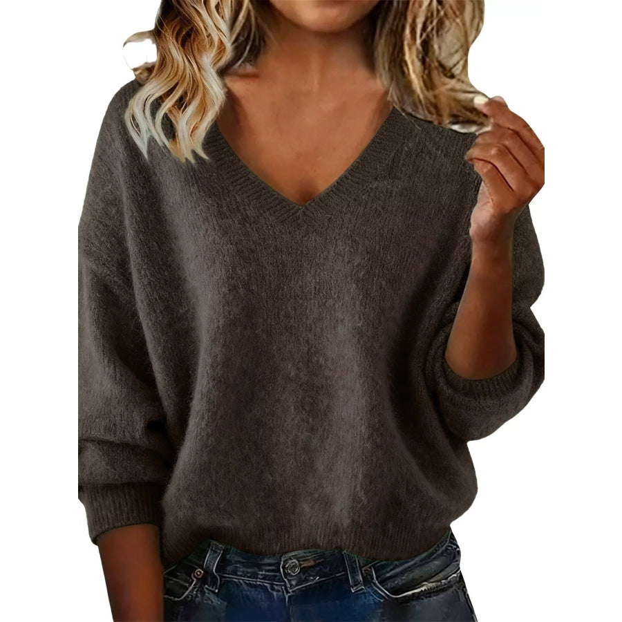 Full Size V-Neck Dropped Shoulder Sweater Plus Size Olive Brown / S Apparel and Accessories
