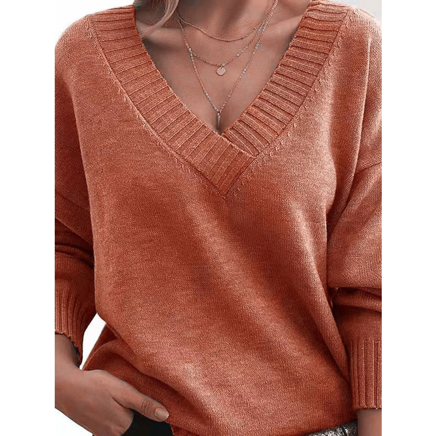 Full Size V-Neck Dropped Shoulder Sweater Plus Orange / S Apparel and Accessories