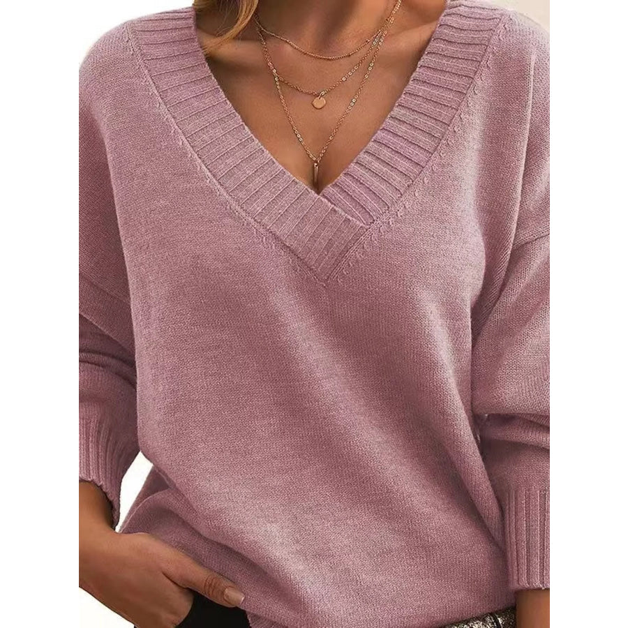 Full Size V-Neck Dropped Shoulder Sweater Plus Pink / S Apparel and Accessories