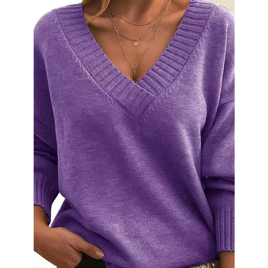 Full Size V-Neck Dropped Shoulder Sweater Plus Purple / S Apparel and Accessories