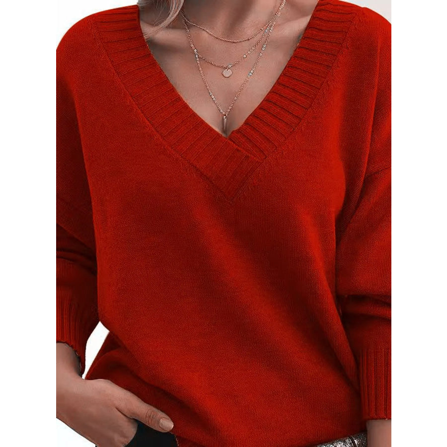 Full Size V-Neck Dropped Shoulder Sweater Plus Red / XL Apparel and Accessories