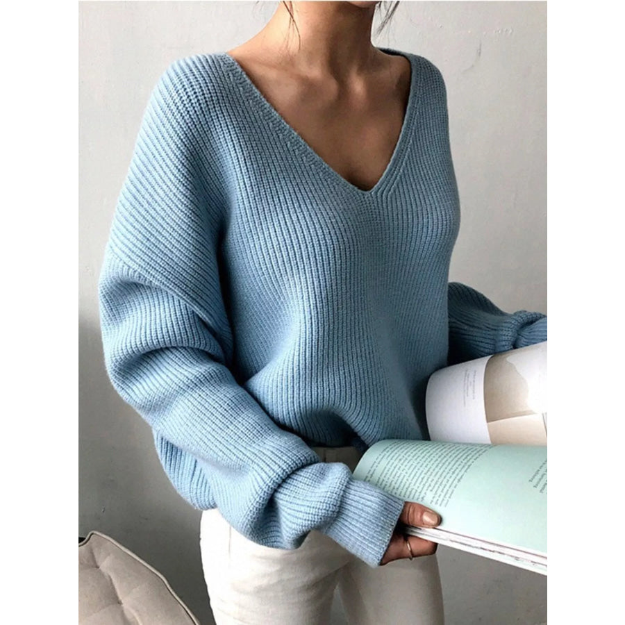 Full Size V-Neck Dropped Shoulder Sweater Plus Size Sky Blue / S Apparel and Accessories