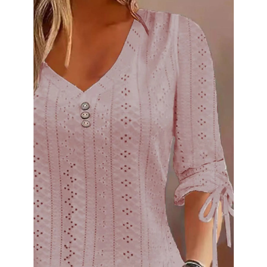 Full Size V-Neck Eyelet Drawstring Sleeve Top Plus Size Apparel and Accessories