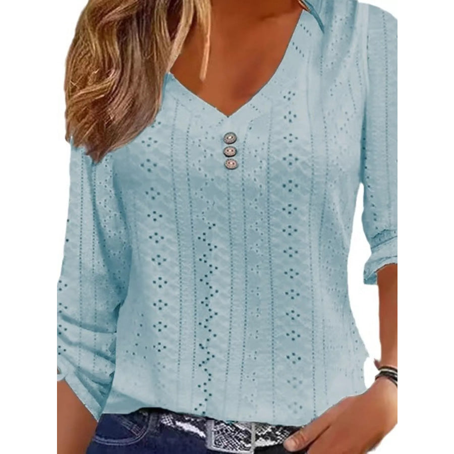 Full Size V-Neck Eyelet Drawstring Sleeve Top Plus Size Apparel and Accessories