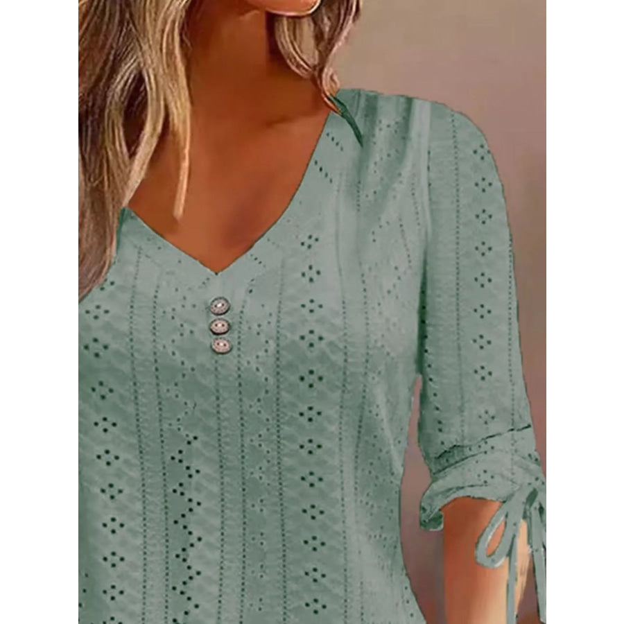 Full Size V-Neck Eyelet Drawstring Sleeve Top Plus Size Apparel and Accessories
