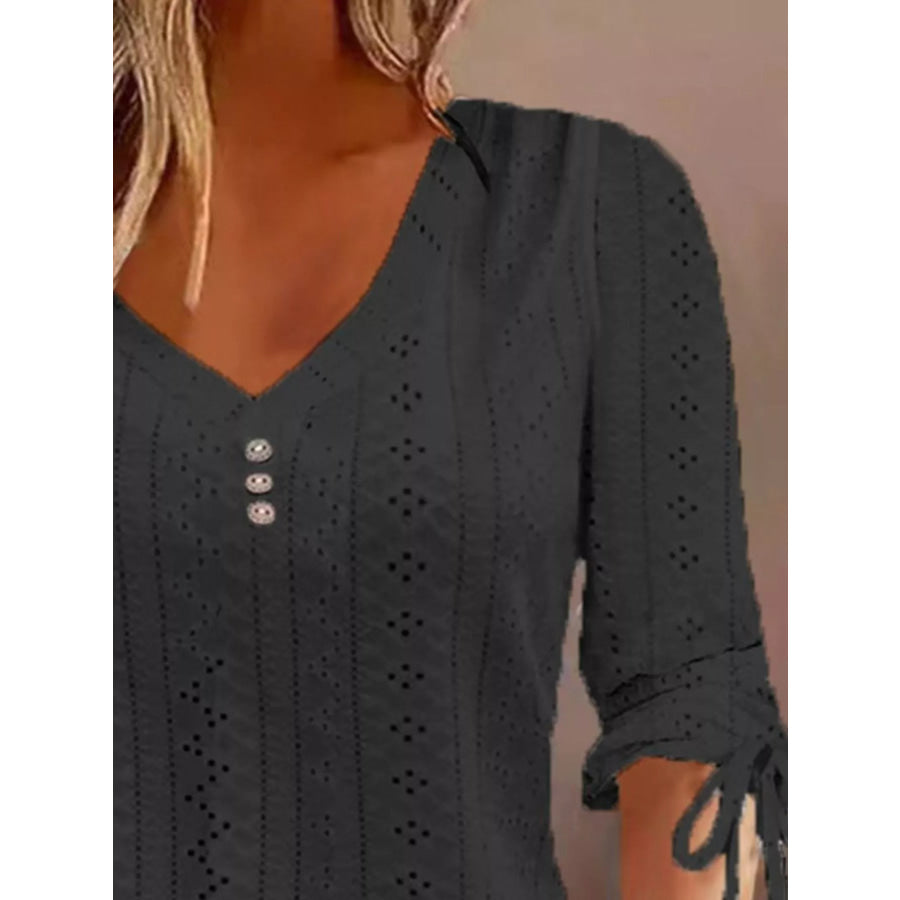 Full Size V-Neck Eyelet Drawstring Sleeve Top Plus Size Apparel and Accessories