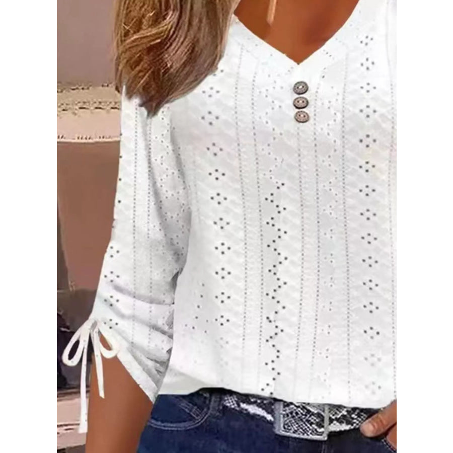 Full Size V-Neck Eyelet Drawstring Sleeve Top Plus Size Apparel and Accessories