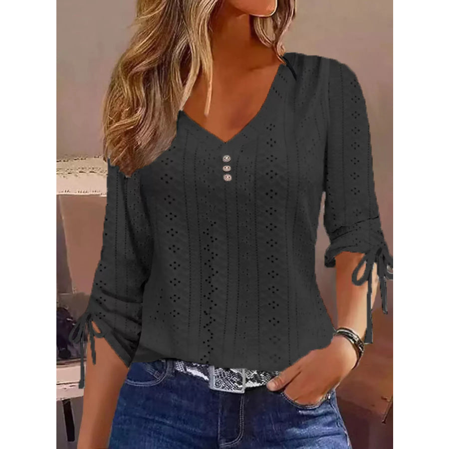 Full Size V-Neck Eyelet Drawstring Sleeve Top Plus Size Black / S Apparel and Accessories