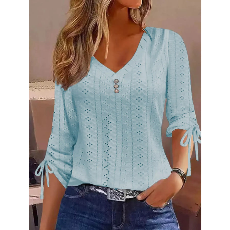 Full Size V-Neck Eyelet Drawstring Sleeve Top Plus Size Blue / S Apparel and Accessories