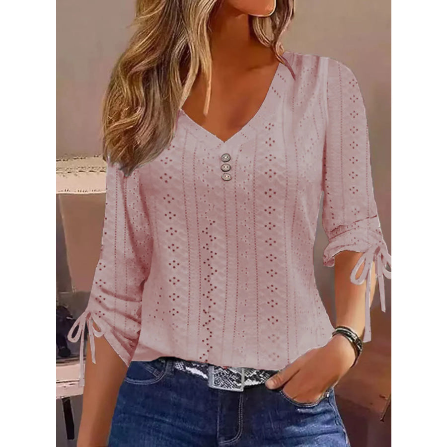 Full Size V-Neck Eyelet Drawstring Sleeve Top Plus Size Pink / S Apparel and Accessories