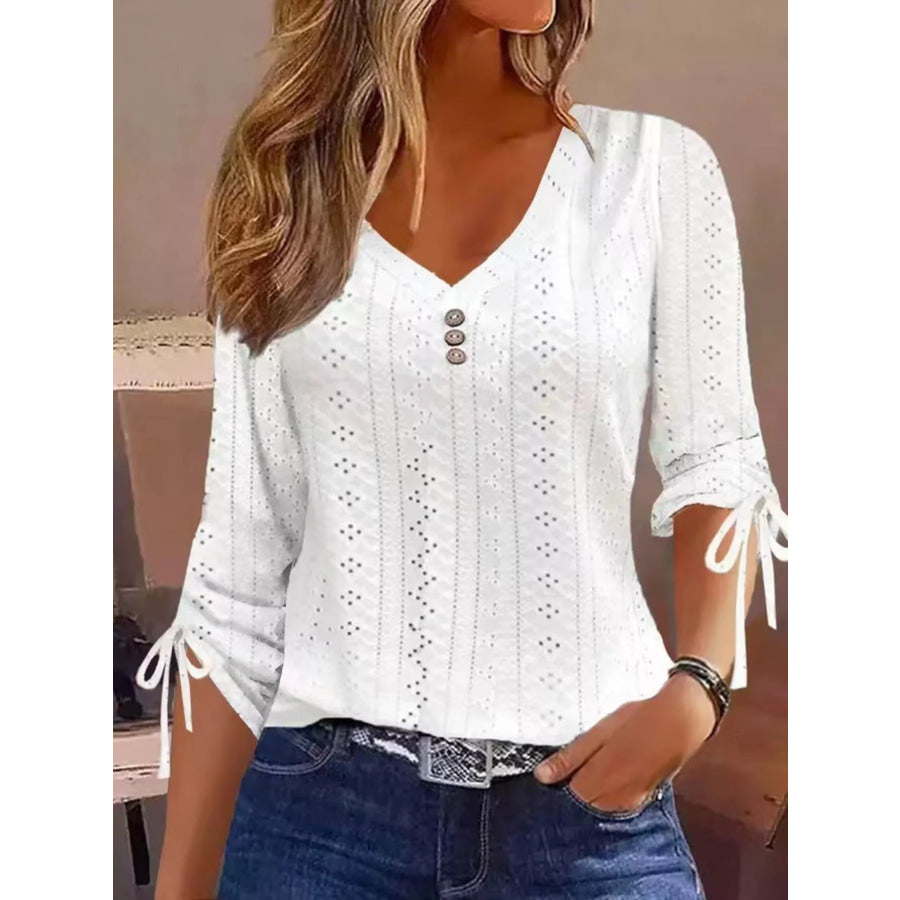 Full Size V-Neck Eyelet Drawstring Sleeve Top Plus Size White / S Apparel and Accessories