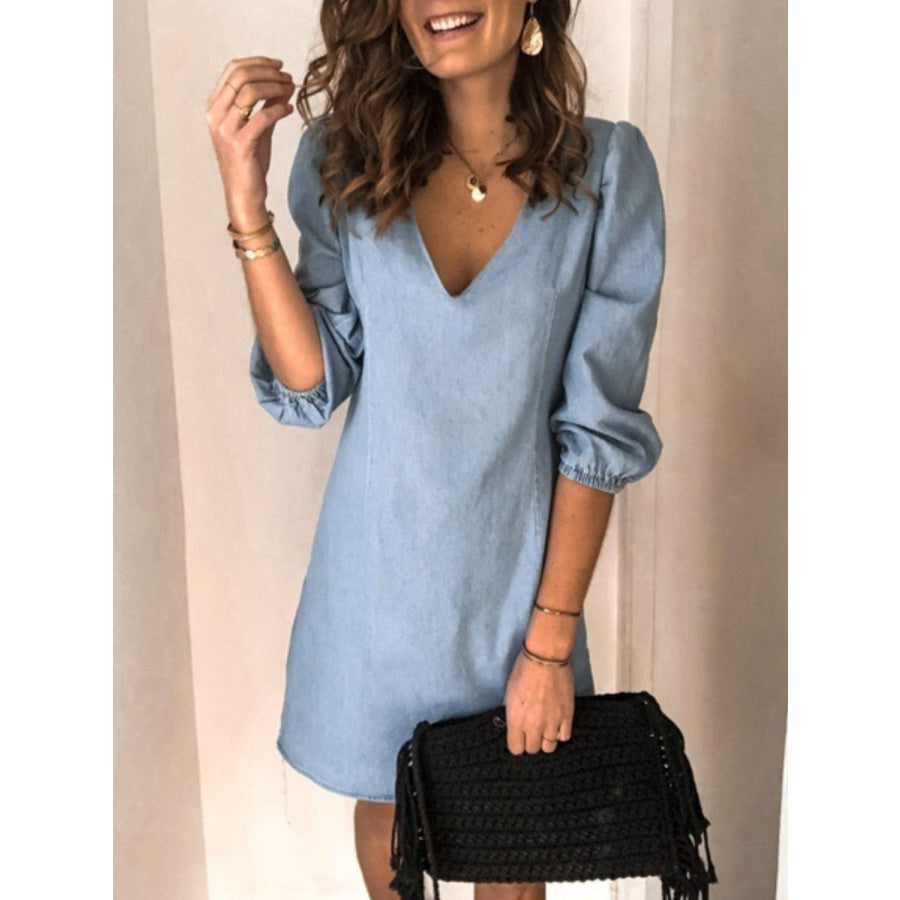 Full Size V - Neck Half Sleeve Denim Dress Apparel and Accessories