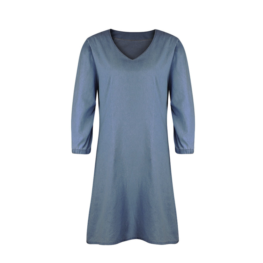 Full Size V - Neck Half Sleeve Denim Dress Apparel and Accessories