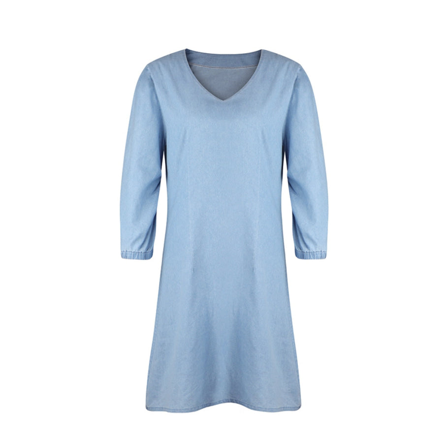 Full Size V - Neck Half Sleeve Denim Dress Apparel and Accessories