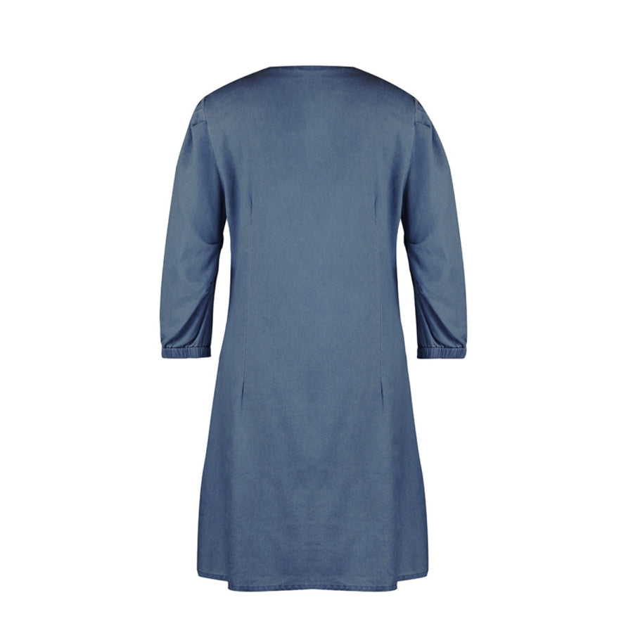 Full Size V - Neck Half Sleeve Denim Dress Apparel and Accessories