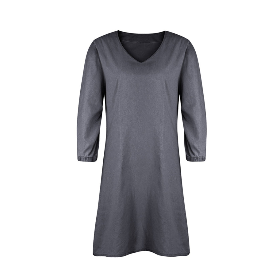 Full Size V - Neck Half Sleeve Denim Dress Apparel and Accessories