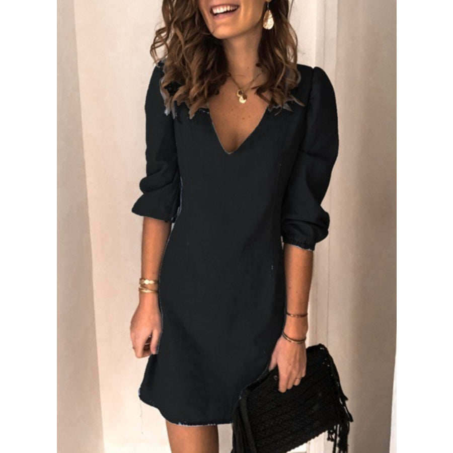 Full Size V - Neck Half Sleeve Denim Dress Black / S Apparel and Accessories