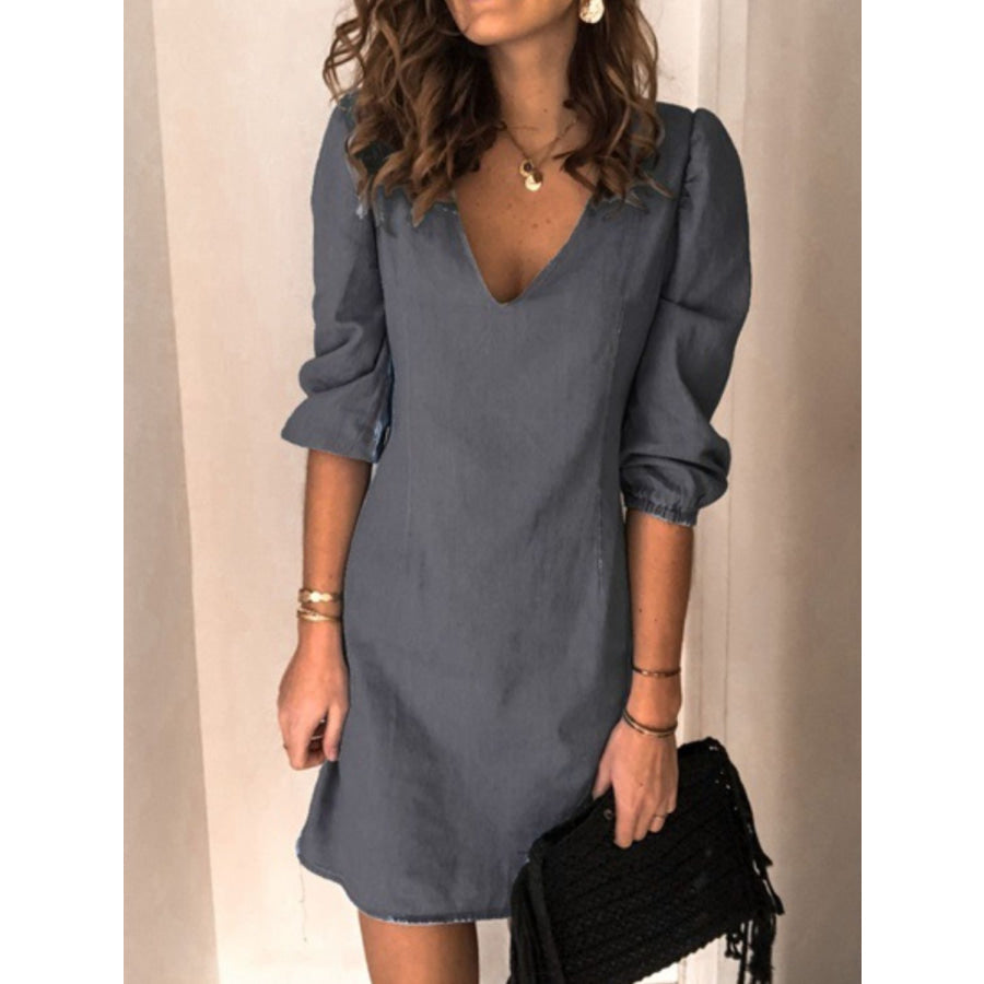 Full Size V - Neck Half Sleeve Denim Dress Charcoal / S Apparel and Accessories