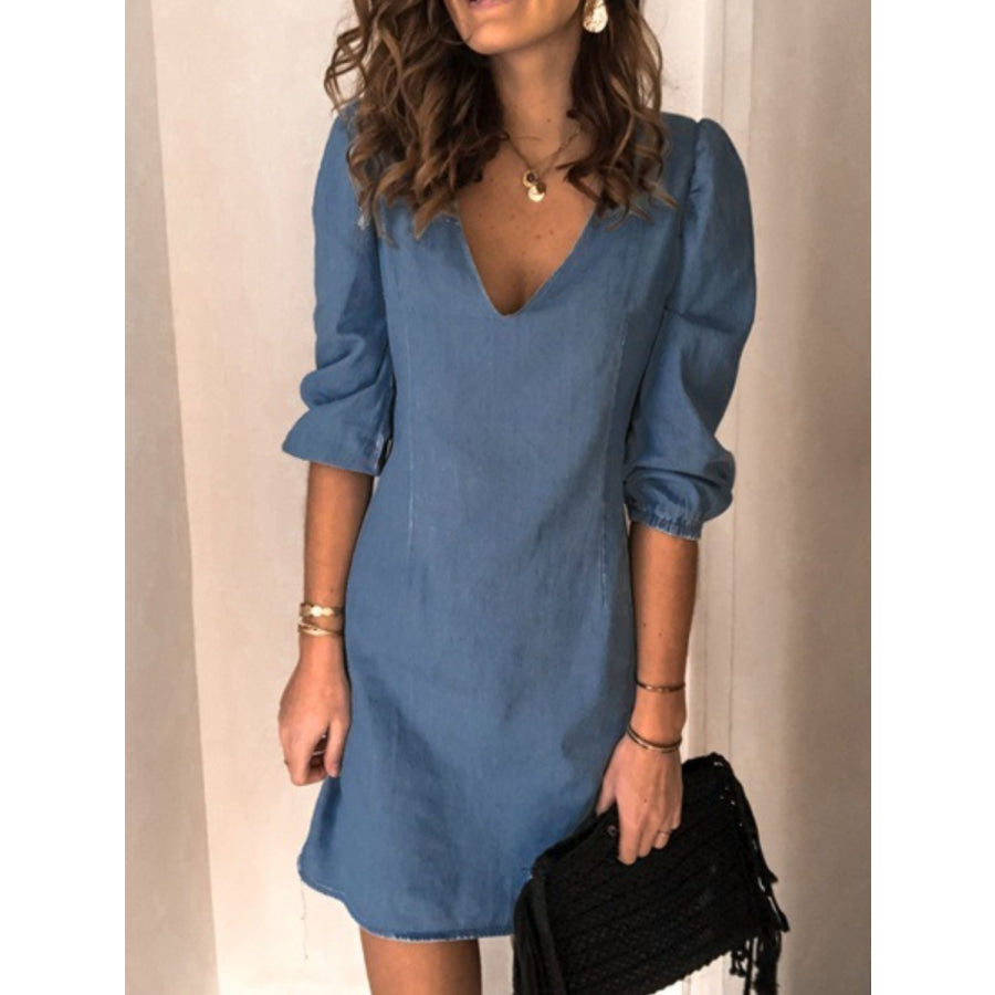 Full Size V - Neck Half Sleeve Denim Dress Medium / S Apparel and Accessories